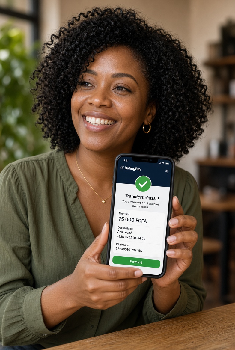 Cliente qui vient d'envoyer un transfert avec BafingPay depuis son téléphone
