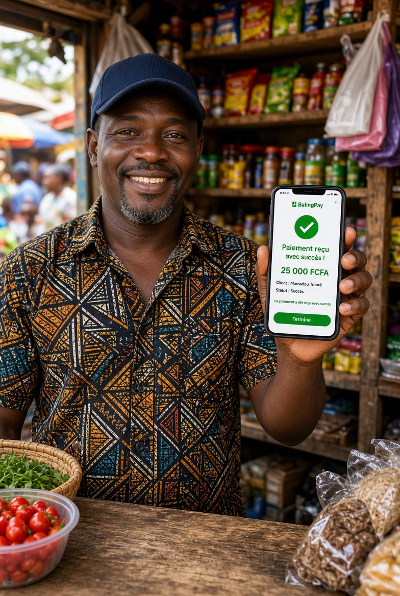 Marchand qui vient de recevoir un paiement avec BafingPay sur son téléphone
